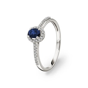 Damenring 750/18 K Weissgold mit Saphir oval und Diamanten 0.12 ct H/si