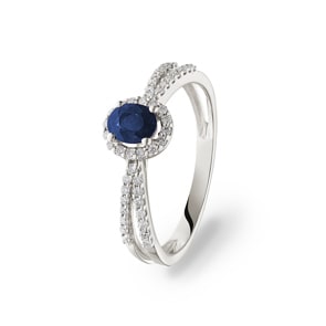 Damenring 750/18 K Weissgold mit Saphir oval und Diamanten 0.19 ct H/si