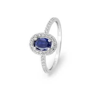Damenring 750/18 K Weissgold mit Saphir oval und Zirkonia