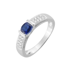 Damenring 750/18 K Weissgold mit Saphir rund & Diamanten 0.13 ct.