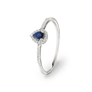 Damenring 750/18 K Weissgold mit Saphir Tropfen und Diamanten 0.08 ct H/si