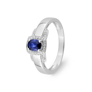 Damenring 750/18 K Weissgold mit Saphir und Diamanten 0.03ct.