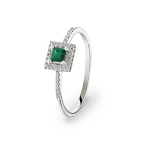 Damenring 750/18 K Weissgold mit Smaragd und Diamanten 0.09 ct H/si
