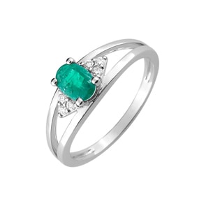 Damenring 750/18 K Weissgold mit Smaragd oval & Diamanten 0.08ct.