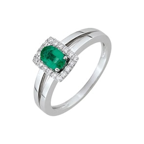 Bague or gris 750/18 ct avec emeraude ovale & diamants 0.13ct.