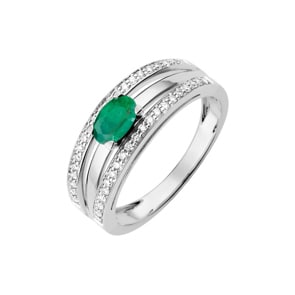 Bague or gris 750/18 ct avec emeraude ovale & diamants 0.21ct.