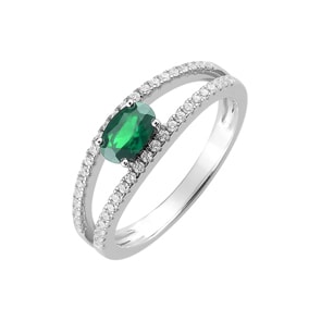 Damenring 750/18 K Weissgold mit Smaragd oval & Diamanten 0.22ct.