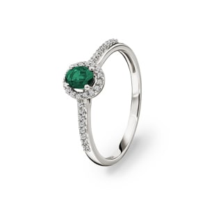 Bague or gris 750/18 ct avec émeraude ovale et diamants 0.12 ct H/si