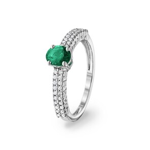 Damenring 750/18 K Weissgold mit Smaragd oval und Diamanten 0.16 ct H/si