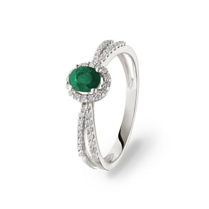 Damenring 750/18 K Weissgold mit Smaragd oval und Diamanten 0.19 ct H/si