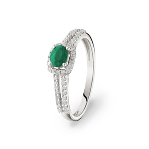 Bague or gris 750/18 ct avec émeraude ovale et diamants 0.20 ct H/si