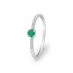 Bague or gris 750/18 ct avec emeraud ronde & diamants 0.04 ct.