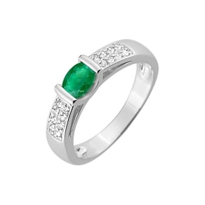 Bague or gris 750/18 ct avec emeraud ronde & diamants 0.13ct.