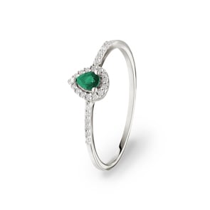 Damenring 750/18 K Weissgold mit Smaragd Tropfen und Diamanten 0.08 ct H/si