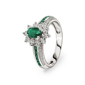 Bague or gris 750/18 ct avec émeraudes 0.65ct. et diamants 0.09ct.