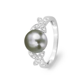 Ring 750/18 K White Gold with Tahitian Pearl and Diamonds 0.09ct.