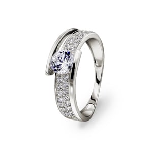 Damenring 750/18 K Weissgold mit Zirkonia Solitär und Seitensteine