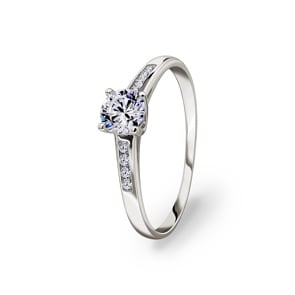 Damenring 750/18 K Weissgold mit Zirkonia Solitär und Seitensteine