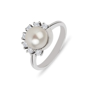 Damenring 750/18 K Weissgold mit Zirkonia und Süsswasserzuchtperle Ø 56