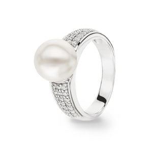 Damenring 925 Silber rhodiniert mit Kunstperle 9mm und Zirkonia pavé