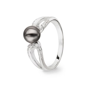 Damenring 925 Silber rhodiniert mit schwarzer Kunstperle 6mm und Zirkonia