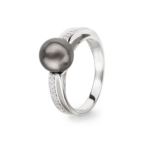 Damenring 925 Silber rhodiniert mit schwarzer Kunstperle 8mm und Zirkonia