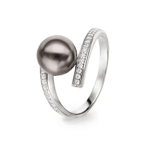 Damenring 925 Silber rhodiniert mit schwarzer Kunstperle 8mm & Zirkonia