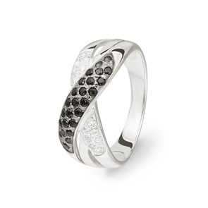 Damenring 925 Silber rhodiniert mit Zirkonia schwarz / weiss