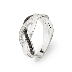 Damenring 925 Silber rhodiniert mit Zirkonia schwarz / weiss