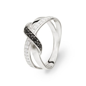 Damenring 925 Silber rhodiniert mit Zirkonia schwarz / weiss