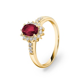Entourage Ring 750/18 K Gelbgold mit Rubin & Diamanten 0.19 ct H/si