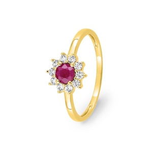 Entourage Ring 750/18 K Gelbgold mit Rubin & Diamanten 0.21 ct