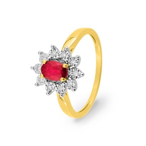 Entourage Ring 750/18 K Gelbgold mit Rubin und Diamanten 0.06ct.