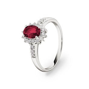 Entourage Ring 750/18 K Weissgold mit Rubin & Diamanten 0.19 ct H/si