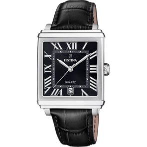 Festina On The Square Leder Date Schwarz / Silbrig