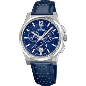 Festina Swiss Rivé Chrono 42 Leder Blau / Silbrig 