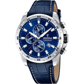 Festina Timeless Chrono Leder Blau / Silbrig 45mm