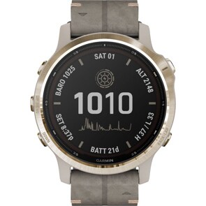 Garmin Fenix 6S Pro Solar Goldig mit schiefergrauem Armband aus Veloursleder
