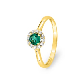 Halo Ring 375/9 K Gelbgold mit Lab Grown Smaragd & Diamanten 0.13 ct