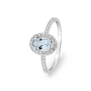 Halo Ring 375/9 K Weissgold mit Aquamarin & Zirkonia