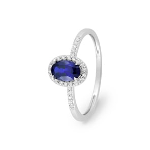 Halo Ring 375/9 K Weissgold mit Lab Grown Saphir & Diamanten 0.11 ct