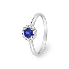 Halo Ring 375/9 K Weissgold mit Lab Grown Saphir & Diamanten 0.13 ct