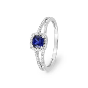 Halo Ring 375/9 K Weissgold mit Lab Grown Saphir & Diamanten 0.20 ct