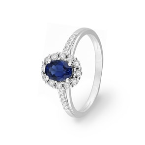 Halo Ring 750/18 K Weissgold mit Saphir und Diamanten 0.11ct.