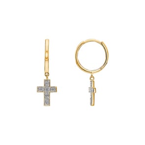 Créoles or jaune 750/18 ct avec diamants 0.12 ct H/si, Croix
