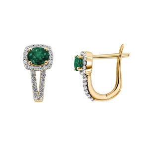 Créoles or jaune 750/18 ct avec émeraude ovale et diamants 0.24 ct H/si
