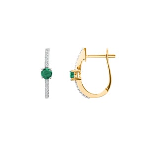 Créoles or jaune 750/18 ct avec émeraude ronde et diamants 0.12 ct H/si