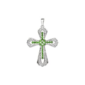 Kreuzanhänger 750/18 K Weissgold mit grünen Granaten & Diamanten 0.15 ct H/si