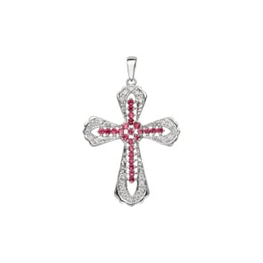 Kreuzanhänger 750/18 K Weissgold mit Rubinen & Diamanten 0.15 ct H/si