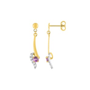 Drop Earrings 375/9 K Yellow Gold with Amethysts & Cubic Zirconia
